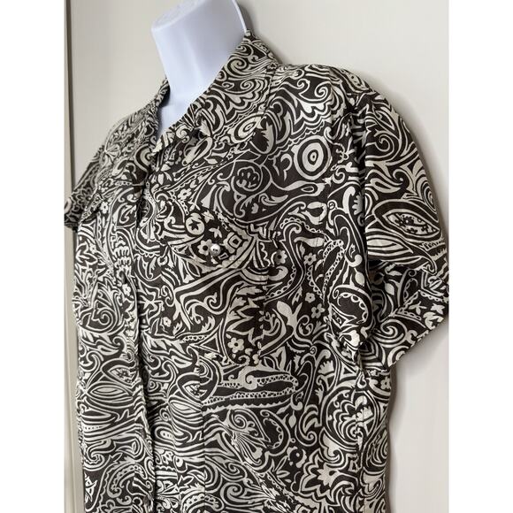 CHICOS Shirt Womens Silk Button Up Top Size 2 Large Brown Cream Resort Tribal - Picture 2 of 14
